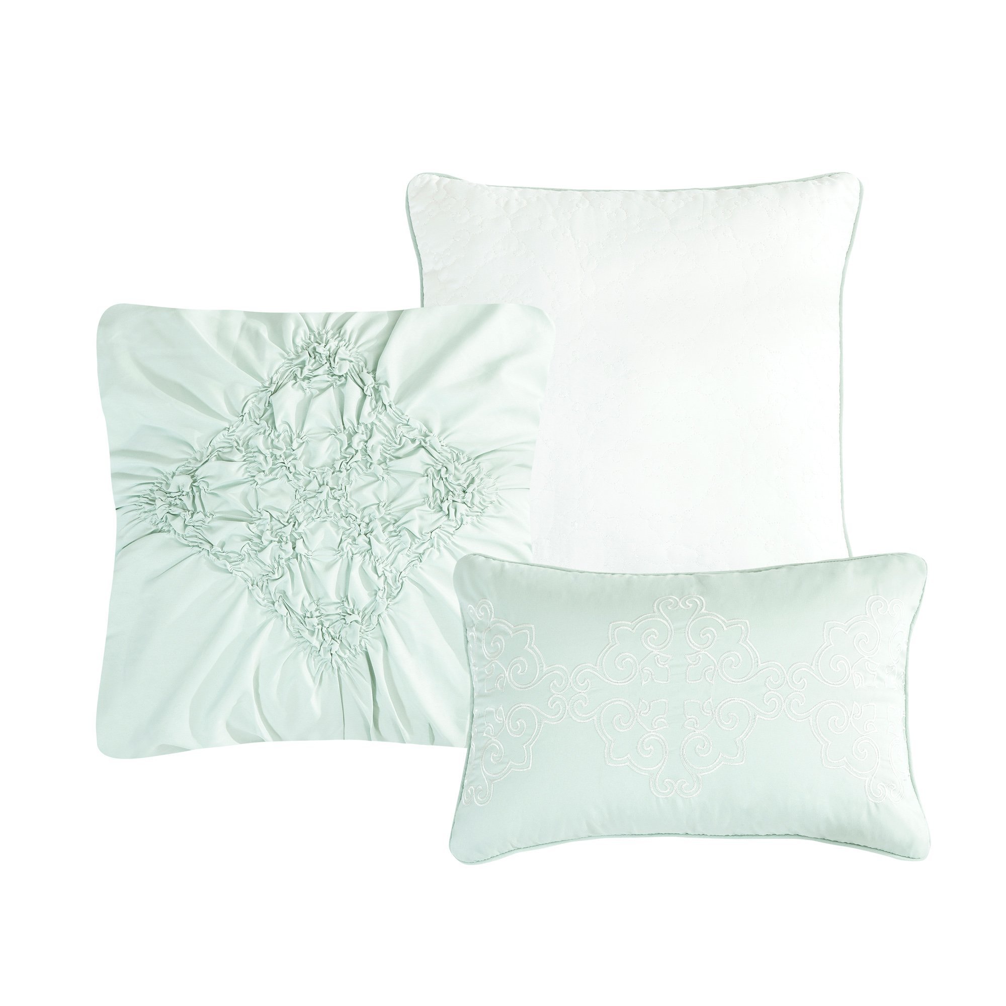 Vegas Contemporary Pinched White and Mint Comforter Set showcasing elegant medallion and floral patterns with soft fabric.